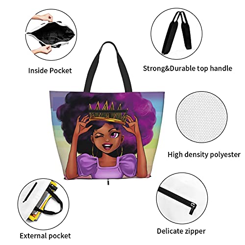 fekupizz Afro Black Girl With Purple Hair Canvas Tote Bag, Women Large Shoulder Bag, Shopping Bag