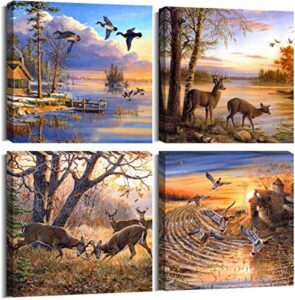 arthome520 yellow fall landscape wild duck wall art wildlife canvas printed oil painting home decor orange animal deer picture for living room modern framed 4 panel (12”x12”x4pcs)