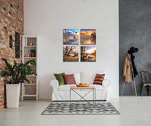 ArtHome520 Yellow Fall Landscape Wild Duck Wall Art Wildlife Canvas Printed Oil Painting Home Decor orange Animal Deer Picture for Living Room Modern Framed 4 Panel (12''x12''x4pcs)