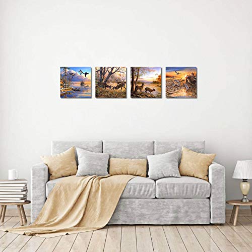 ArtHome520 Yellow Fall Landscape Wild Duck Wall Art Wildlife Canvas Printed Oil Painting Home Decor orange Animal Deer Picture for Living Room Modern Framed 4 Panel (12''x12''x4pcs)