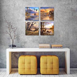 ArtHome520 Yellow Fall Landscape Wild Duck Wall Art Wildlife Canvas Printed Oil Painting Home Decor orange Animal Deer Picture for Living Room Modern Framed 4 Panel (12''x12''x4pcs)