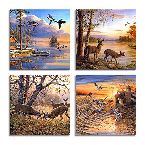 ArtHome520 Yellow Fall Landscape Wild Duck Wall Art Wildlife Canvas Printed Oil Painting Home Decor orange Animal Deer Picture for Living Room Modern Framed 4 Panel (12''x12''x4pcs)