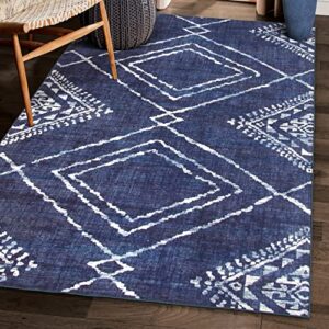 realife machine washable rug – stain resistant, non-shed – eco-friendly, non-slip, family & pet friendly – made from premium recycled fibers – moroccan diamond – blue, 5′ x 7′
