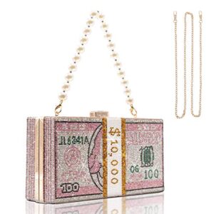 tanosii women stack of cash evening bag crystal rhinestone clutch money shoulder bag dollar purse cuboid shape pink
