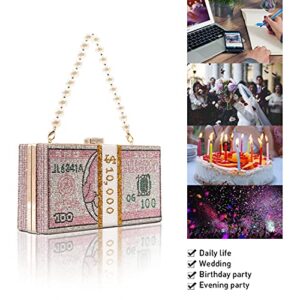 TANOSII Women Stack of Cash Evening Bag Crystal Rhinestone Clutch Money Shoulder Bag Dollar Purse Cuboid Shape Pink