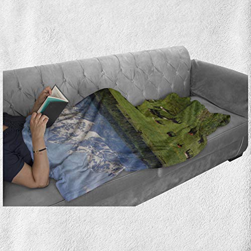 Lunarable Horse Throw Blanket, Grand Teton National Park Snowy Mountains Fresh Greenery Trees Animals, Flannel Fleece Accent Piece Soft Couch Cover for Adults, 70" x 90", Green and Pale Blue