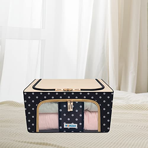 WANLIAN Clothes Bin,Oxford Cloth Sturdy Steel Frame Collapsible Foldable Bin,With Window And Carry Handles Storeage Container(2 Pack, Navy Blue Wave)