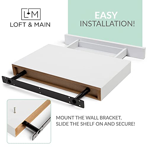 Floating Shelf with Drawer, Floating Nightstand for Bedroom 16” Wall Shelf, White Floating Shelf with Storage, Floating Shelf for Office Bathroom Floating Bedside Table (White Wood)