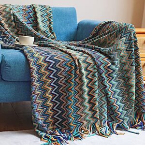 boho throw blankets outdoor knitted tassel blankets, super soft cozy lightweight couch decorative bohemian afghans throw blankets, bed, sofa, outdoor throw blanket – all seasons (blue 50×60 inch)