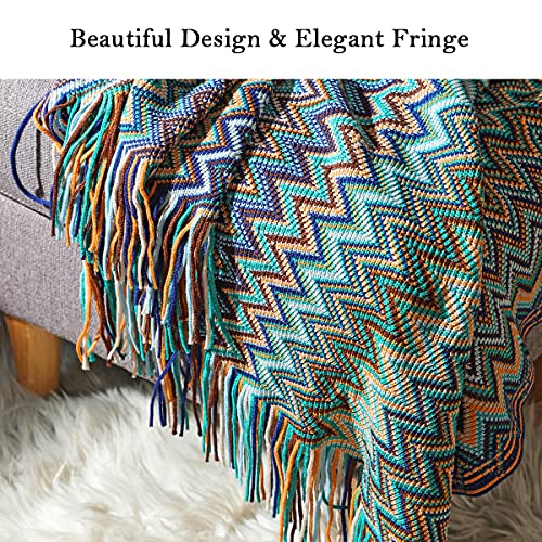 Boho Throw Blankets Outdoor Knitted Tassel Blankets, Super Soft Cozy Lightweight Couch Decorative Bohemian afghans Throw Blankets, Bed, Sofa, Outdoor Throw Blanket - All Seasons (Blue 50x60 Inch)