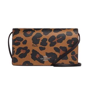 coach womens anna foldover crossbody clutch with leopard print 7301 im/light saddle