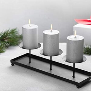 Candles Pillar Holder Tray Black Metal Base for Desk Top Decoration Table or Mantel Centerpiece in Dining & Living Room, Candelabra for Pillar & Sphere Candles, flameless LED (Set of 3)