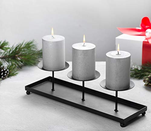 Candles Pillar Holder Tray Black Metal Base for Desk Top Decoration Table or Mantel Centerpiece in Dining & Living Room, Candelabra for Pillar & Sphere Candles, flameless LED (Set of 3)