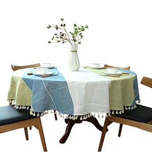 Heavy Weight Cotton Linen Tablecloth, Plaid Tassel Round Table Cover for Kitchen Dining Small Table 24"-40" (2 Seats), Round - 48", Blue Green