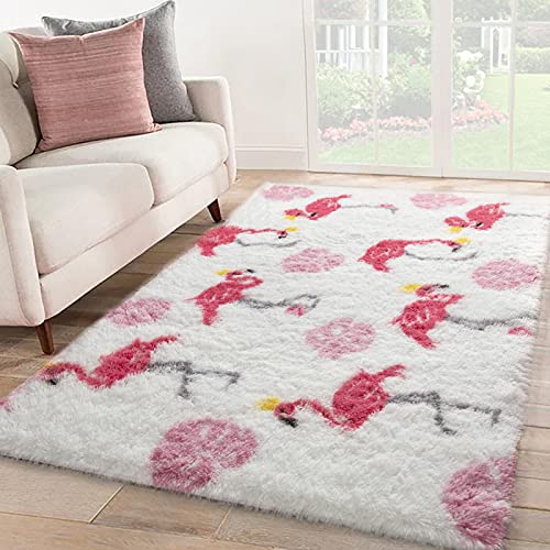 Keeko Premium Pink Flamingo Fluffy Area Rugs High Pile Printed Carpet, Flamingo Indoor Fuzzy Plush Girls Rug for Bedroom Kids Nursery Living Room Decor, 4×6 Feet Pink and White