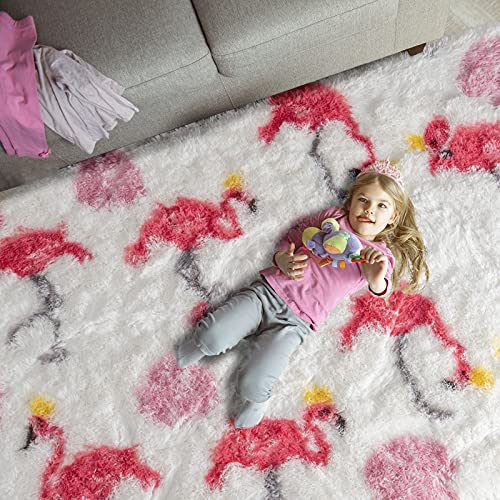 Keeko Premium Pink Flamingo Fluffy Area Rugs High Pile Printed Carpet, Flamingo Indoor Fuzzy Plush Girls Rug for Bedroom Kids Nursery Living Room Decor, 4×6 Feet Pink and White