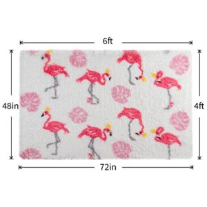 Keeko Premium Pink Flamingo Fluffy Area Rugs High Pile Printed Carpet, Flamingo Indoor Fuzzy Plush Girls Rug for Bedroom Kids Nursery Living Room Decor, 4×6 Feet Pink and White