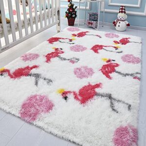 Keeko Premium Pink Flamingo Fluffy Area Rugs High Pile Printed Carpet, Flamingo Indoor Fuzzy Plush Girls Rug for Bedroom Kids Nursery Living Room Decor, 4×6 Feet Pink and White