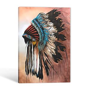 guttaty native american canvas wall art – american indian chief headdress feathered art canvas prints for wall decor, large framed artwork for living room bedroom ready to hang (12w x18h)