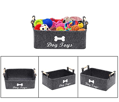 Geyecete Dog Toys Storage Bins - with Wooden Handle,Decorative Basket Rectangular Soft Felt Storage Bin Organizer Basket Pet Supplies Storage Basket/Bin Kids Toy Chest Storage Trunk(Dog-Grey)