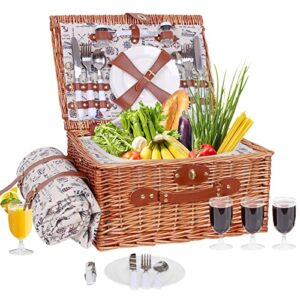 picnic basket for 4 with large insulated cooler compartment willow hamper set cutlery service kits picnic kit gift for family camping outdoor party