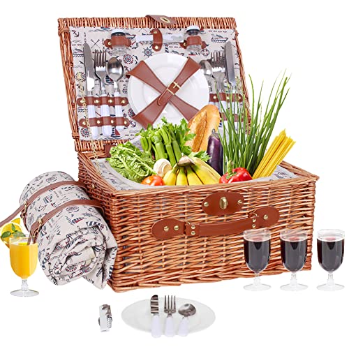 Picnic Basket for 4 with Large Insulated Cooler Compartment Willow Hamper Set Cutlery Service Kits Picnic Kit Gift for Family Camping Outdoor Party