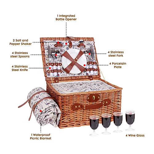 Picnic Basket for 4 with Large Insulated Cooler Compartment Willow Hamper Set Cutlery Service Kits Picnic Kit Gift for Family Camping Outdoor Party