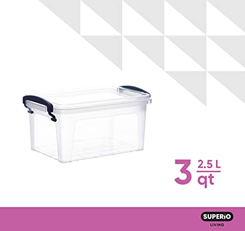 Superio Clear Storage Bins with Lid Stackable Plastic Deep Storage Latch Box with Snap Lock Closure (3 Quart)