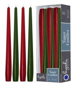 hyoola christmas candles – green and red taper candles 10 inch dripless, 12 pack unscented holiday candles – european made