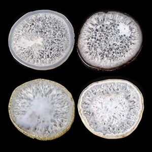 folkor life natural agate coaster set of 4, 3.5-4″ crystalline geode stone coasters for drinks coffee table decor agate slices glass cups holder for home guest room housewarming birthday gift