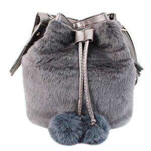 ships from us-women faux fur shoulder bag handbag bucket bag drawstring bag cross body bag (gray 5)