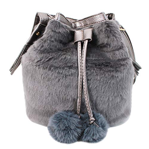 Ships From US-Women Faux Fur Shoulder Bag Handbag Bucket Bag Drawstring Bag Cross Body Bag (Gray 5)