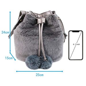 Ships From US-Women Faux Fur Shoulder Bag Handbag Bucket Bag Drawstring Bag Cross Body Bag (Gray 5)