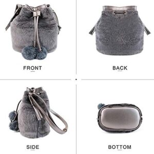 Ships From US-Women Faux Fur Shoulder Bag Handbag Bucket Bag Drawstring Bag Cross Body Bag (Gray 5)