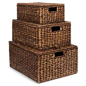 birdrock home seagrass floor baskets with lids – set of 3 – brown wash – hand woven container for blankets pillows – sturdy metal frame – organization – storage
