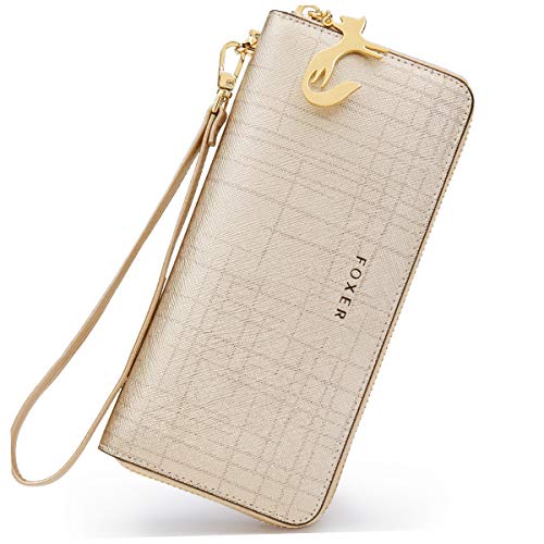 iFOXER Women Leather Long Wallet Fashion Elegant Card Holder Purse Zipper Gift Box Packaging (Gold)