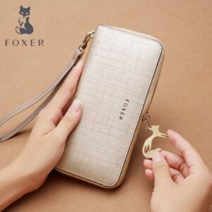 iFOXER Women Leather Long Wallet Fashion Elegant Card Holder Purse Zipper Gift Box Packaging (Gold)