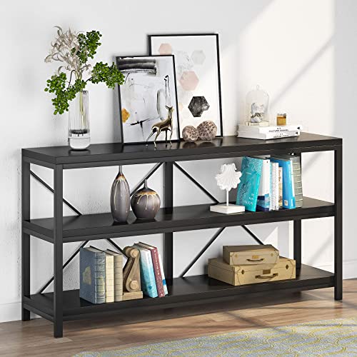 Sofa Table, 3 Tiers Console Table TV Console Narrow Long Sofa Table TV Stand with Storage Shelves for Hallyway, Entryway, Living Room, 55 Inches (Black)