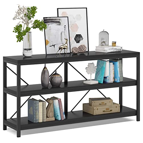 Sofa Table, 3 Tiers Console Table TV Console Narrow Long Sofa Table TV Stand with Storage Shelves for Hallyway, Entryway, Living Room, 55 Inches (Black)