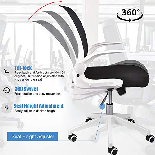 IPKIG Foldable Office Chair - Home Office Desk Chairs with Wheels and Flip-Up Arms - Foldable Backrest Mesh Computer Chair Adjustable Swivel Rolling Home Executive (White)