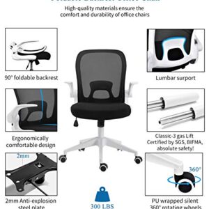 IPKIG Foldable Office Chair - Home Office Desk Chairs with Wheels and Flip-Up Arms - Foldable Backrest Mesh Computer Chair Adjustable Swivel Rolling Home Executive (White)