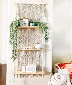 snuglife macrame wall hanging shelf – 3 tier wall shelves with handmade woven rope – boho shelves organizer hanger for kitchen, bathroom, home storage, floating indoor plant wall shelf (pine wood)