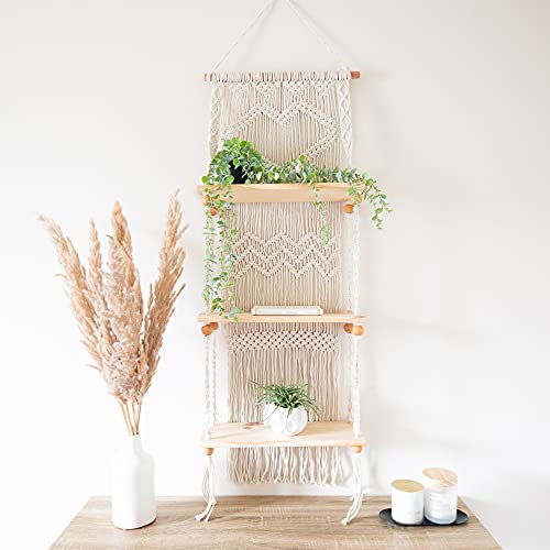 SnugLife Macrame Wall Hanging Shelf - 3 Tier Wall Shelves with Handmade Woven Rope - Boho Shelves Organizer Hanger for Kitchen, Bathroom, Home Storage, Floating Indoor Plant Wall Shelf (Pine Wood)