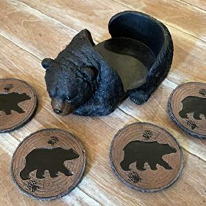 Sleepy Black Bear Coaster Set - Rustic 4 Coasters and Holder