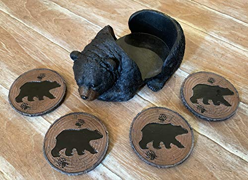 Sleepy Black Bear Coaster Set - Rustic 4 Coasters and Holder