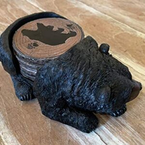 Sleepy Black Bear Coaster Set - Rustic 4 Coasters and Holder