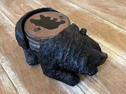 Sleepy Black Bear Coaster Set - Rustic 4 Coasters and Holder