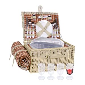 willow picnic basket set for 4 person wicker hamper sets with picnic blankets, picnic cutlery service kit, insulated cooler compartment, best gifts for couples, family, camping,outdoor party – brown