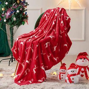 fy fiber house christmas home decor flannel fleece throw blanket for couch sofa with reindeer print，60″x80″, red