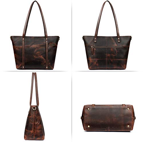 S-ZONE Genuine Leather Tote Bag for Women Vintage Shoulder Handbag Purse with Crossbody Strap Medium